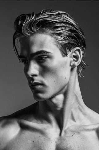 Fifteen Twelve Salon black and white portrait of a beautiful young man with wet, slicked-back hair